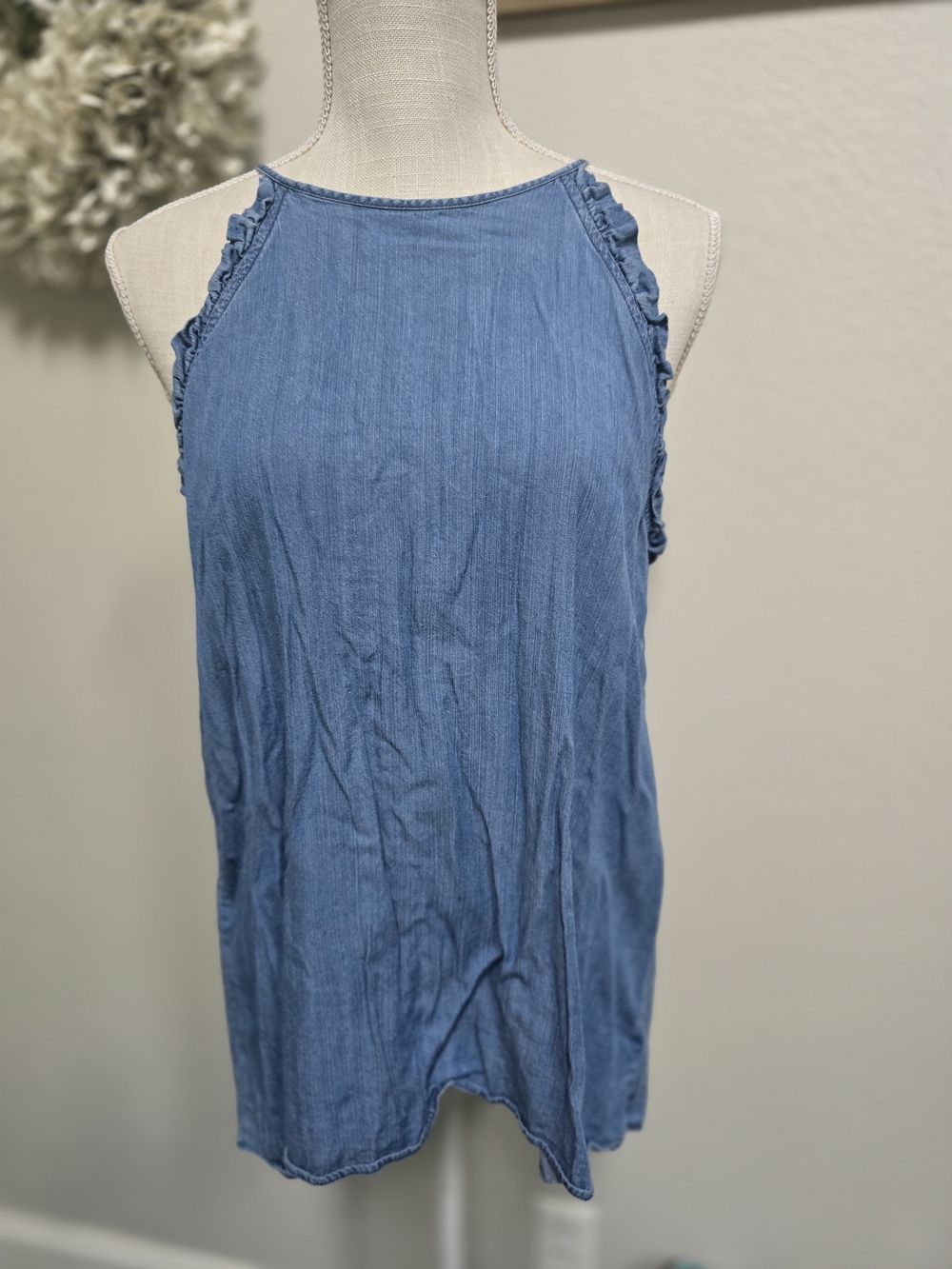 Staccato Chambray Blue Ruffle-Trim Tank